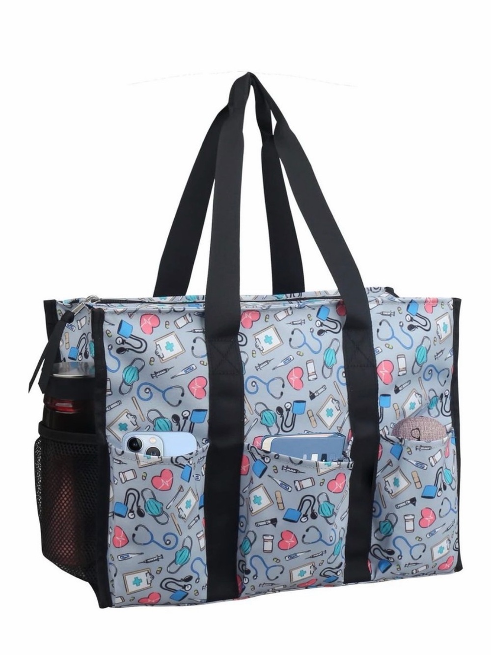 Source Unknown Nurse Print Tote Bag in Light Gray with Black Straps
